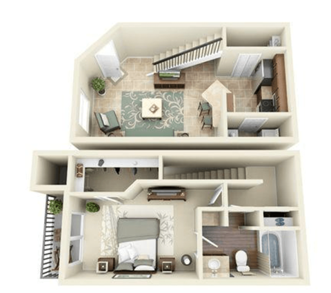 A 3D floor plan of a two-story house with a living room, kitchen, and bedrooms.